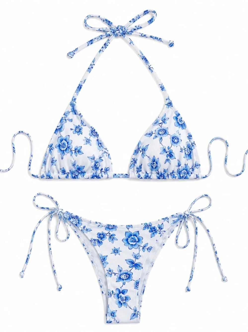 Blue & White Porcelain Floral China Print String Cheeky Bikini Set